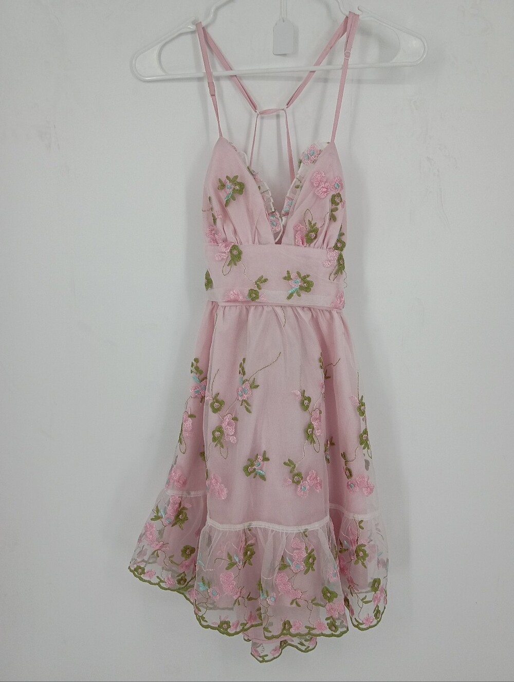 Coqutte Style Pink Floral Embroidered Mini Dress with Strappy Back Romantic Bow - Picture 1 of 7